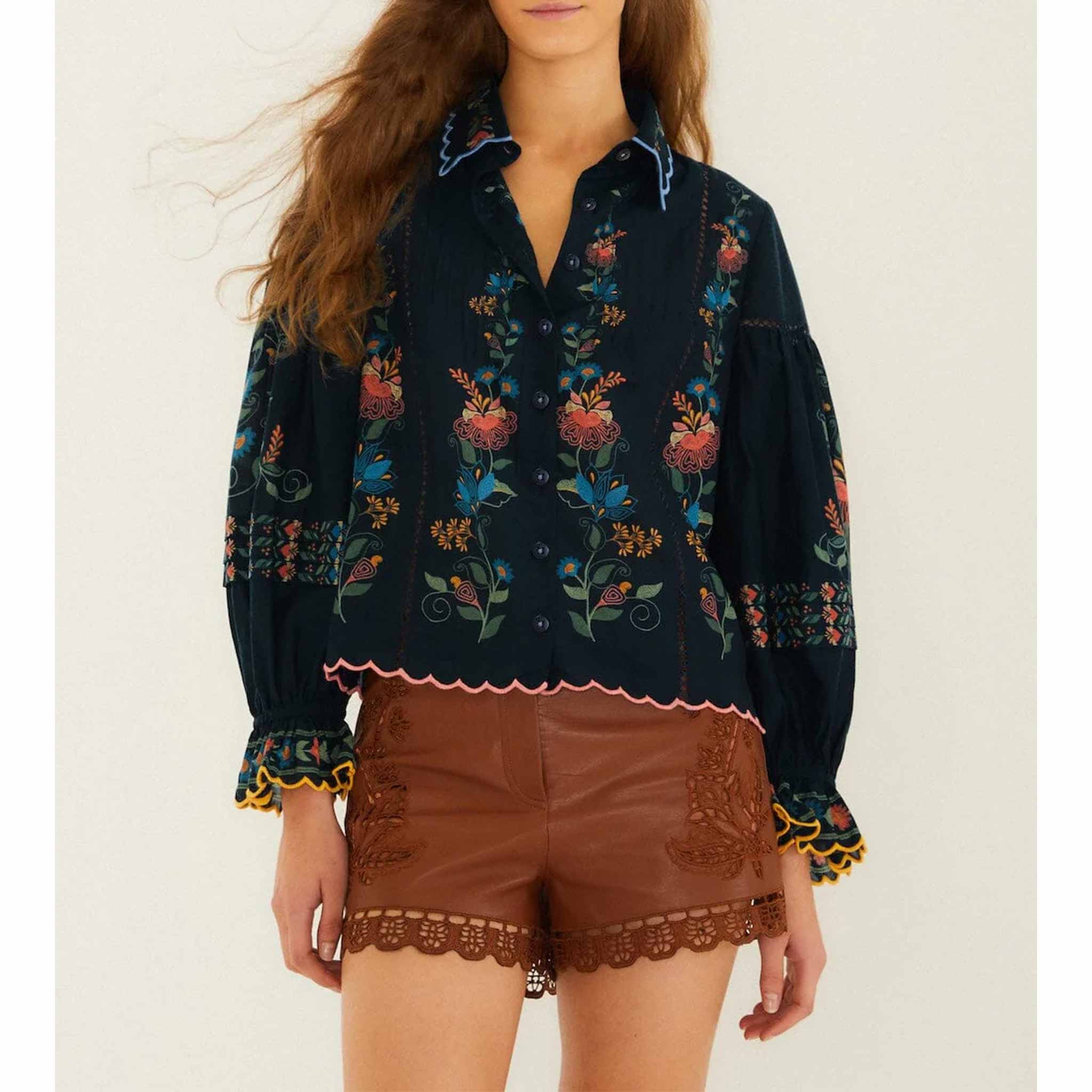 Stitched Garden Blouse in Dark Blue