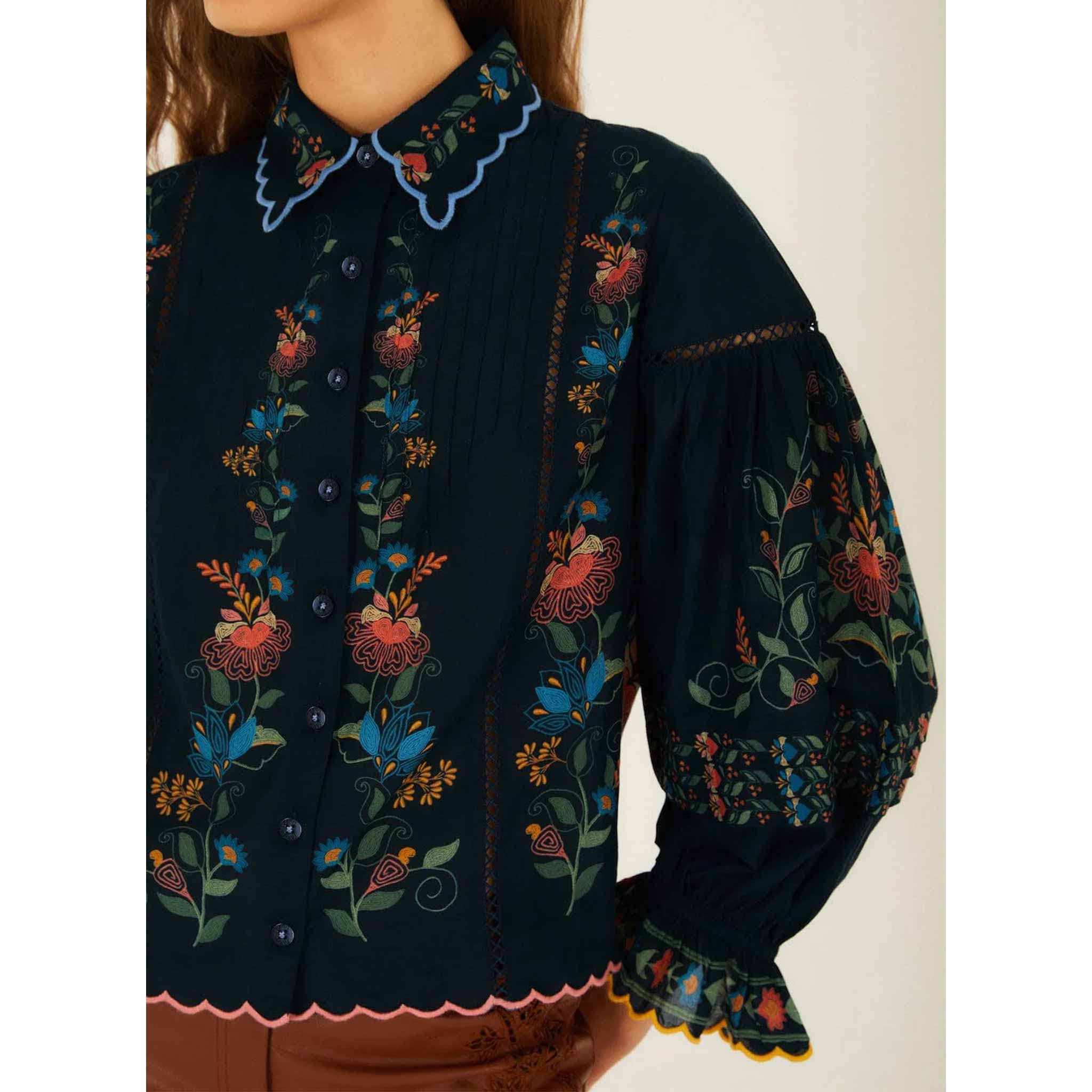 Stitched Garden Blouse in Dark Blue
