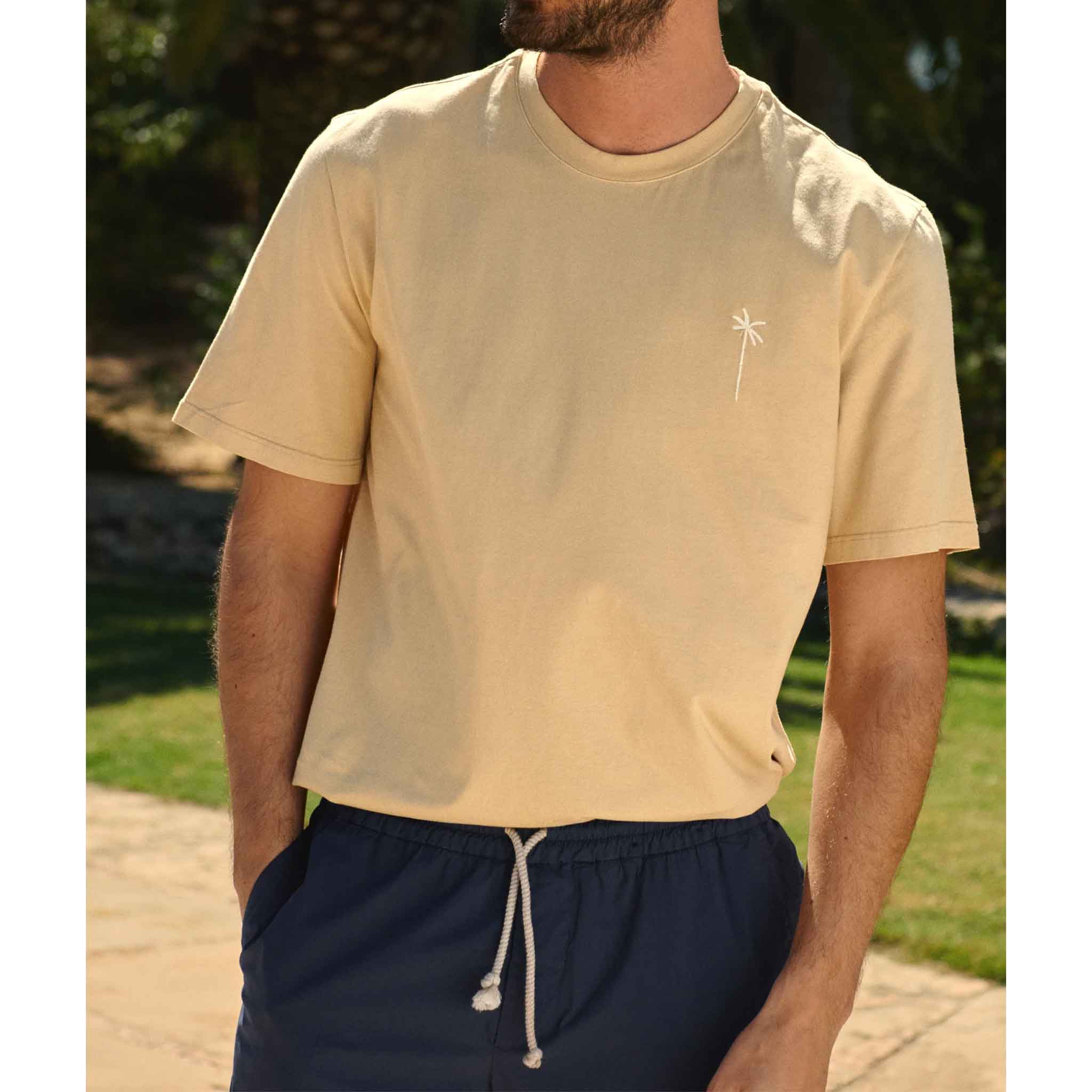 T Shirt with Palm Embroidery in Camel