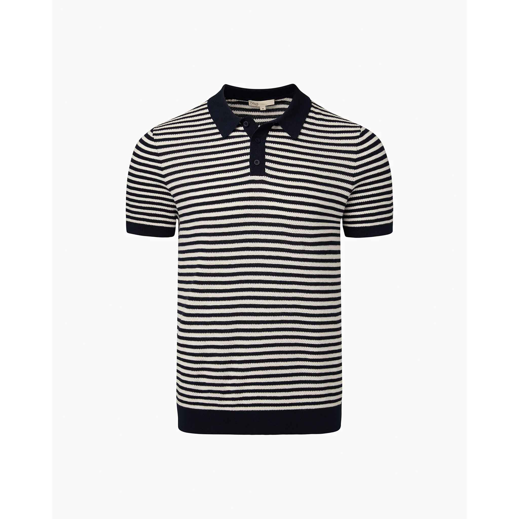 Cotton Textured Knit Polo in Navy Stripes