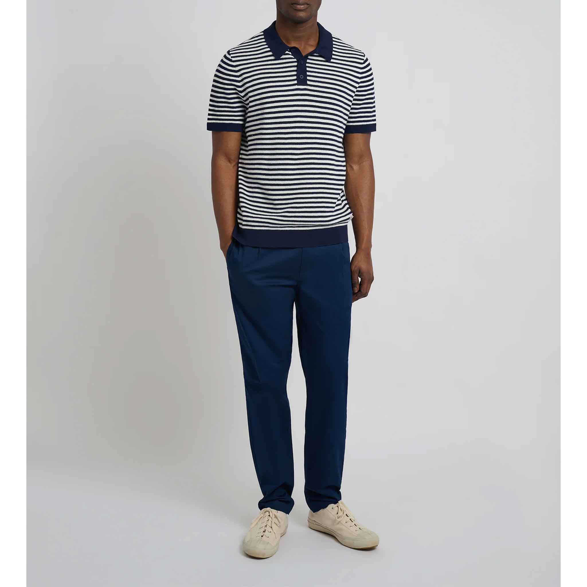 Cotton Textured Knit Polo in Navy Stripes