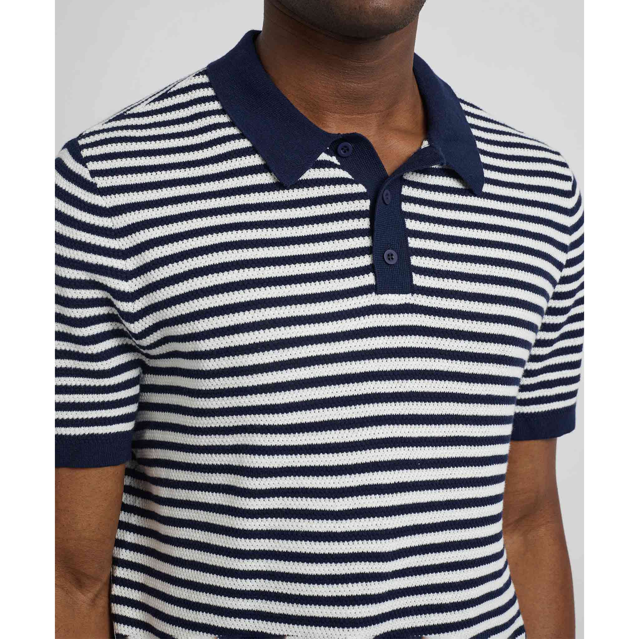 Cotton Textured Knit Polo in Navy Stripes