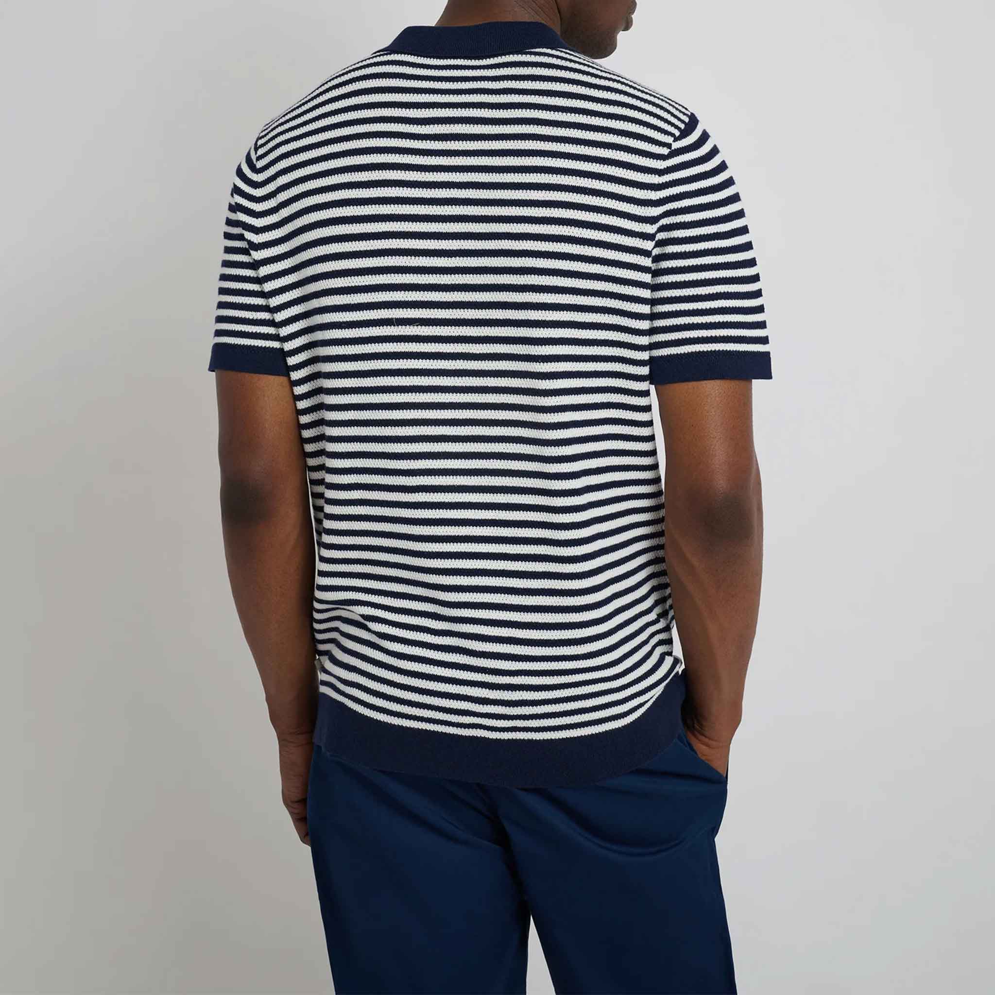 Cotton Textured Knit Polo in Navy Stripes