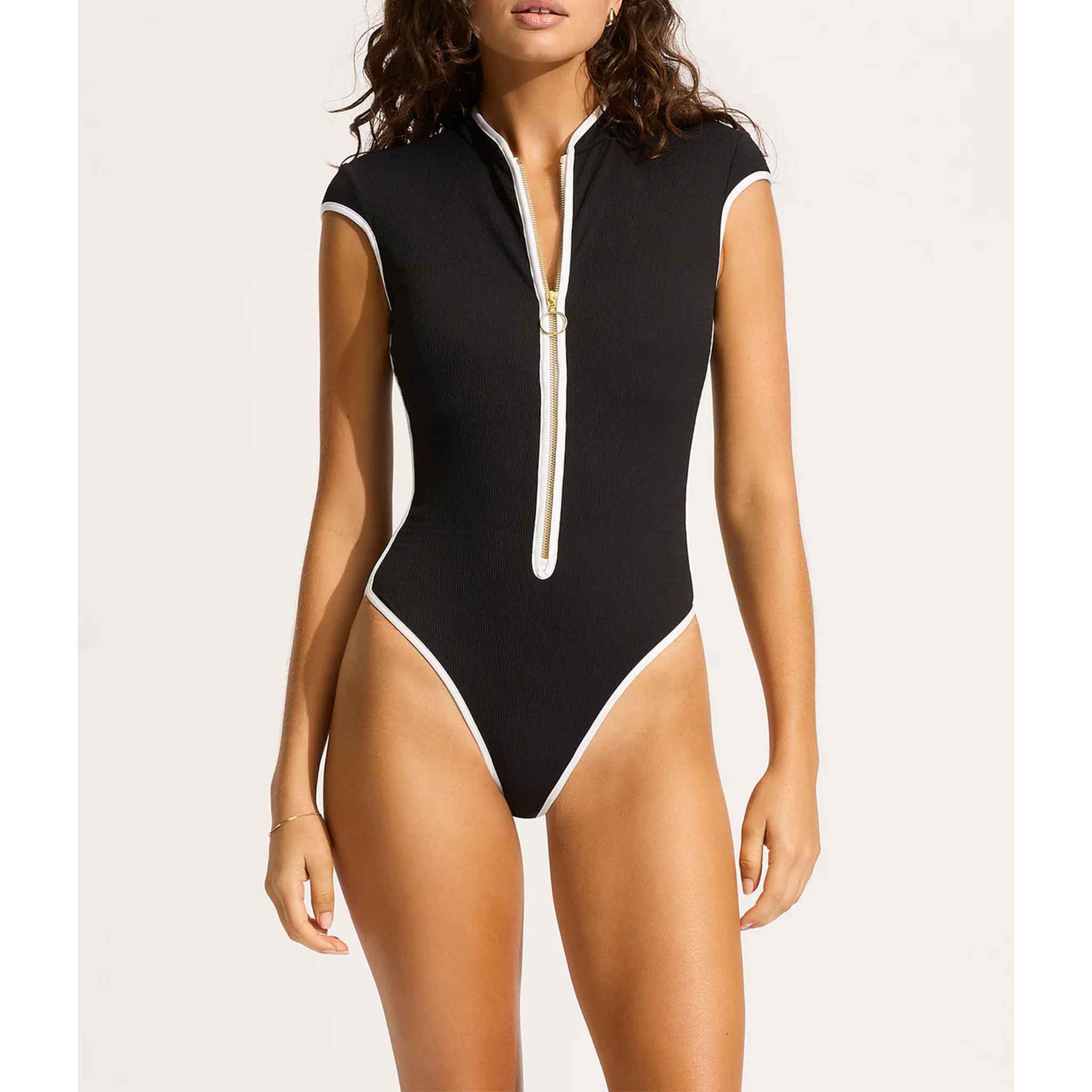 Beach Bound Cap Sleeve Zip Front One Piece in Black