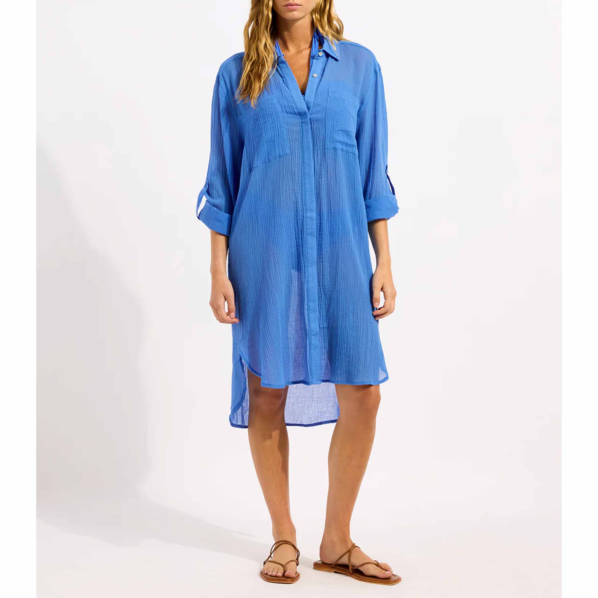 Crinkle Twill Beach Shirt in Sapphire