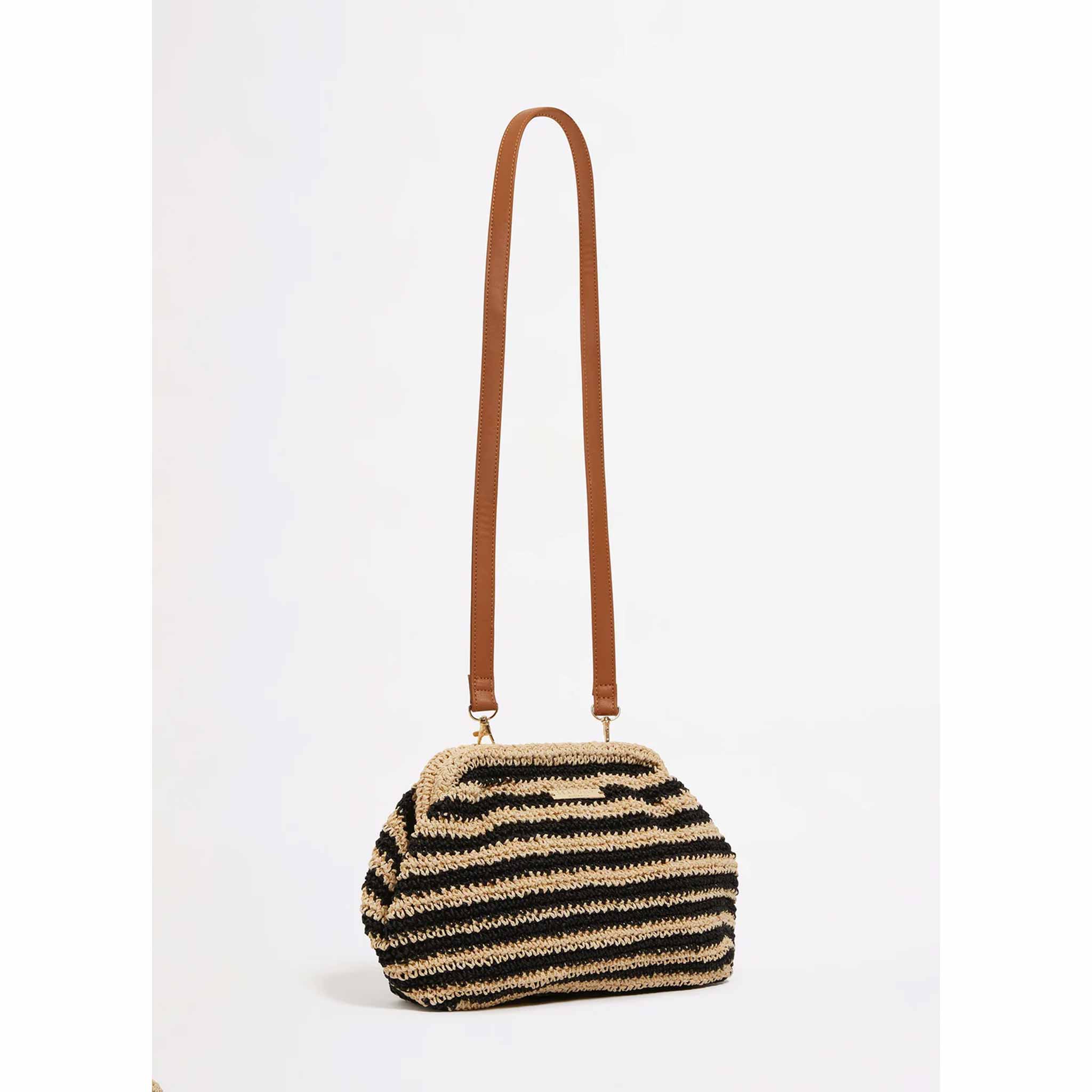 Raffia Stripe Pouch Bag in Black/Natural