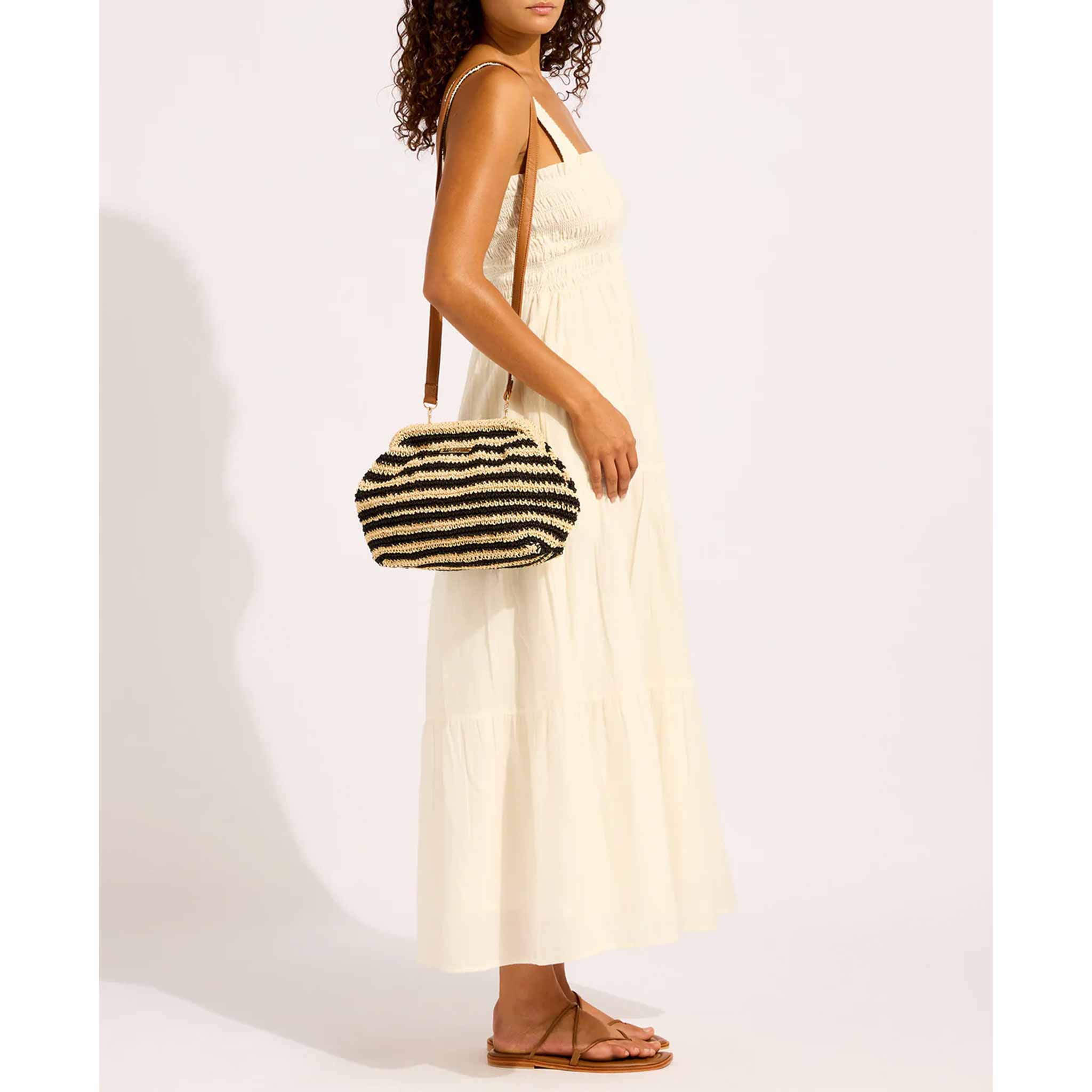 Raffia Stripe Pouch Bag in Black/Natural