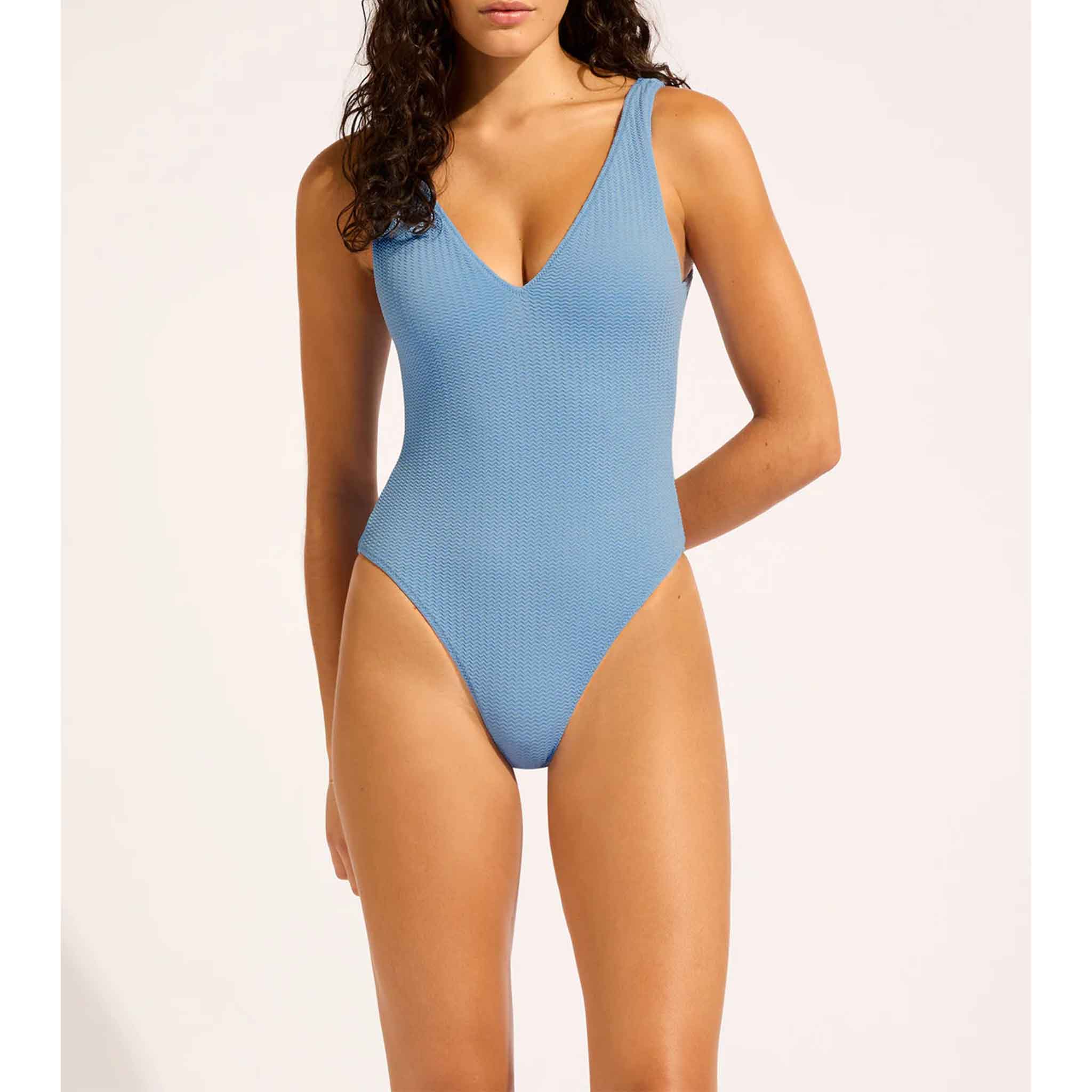 Sea Dive Deep V Neck One Piece in Cornflower Blue
