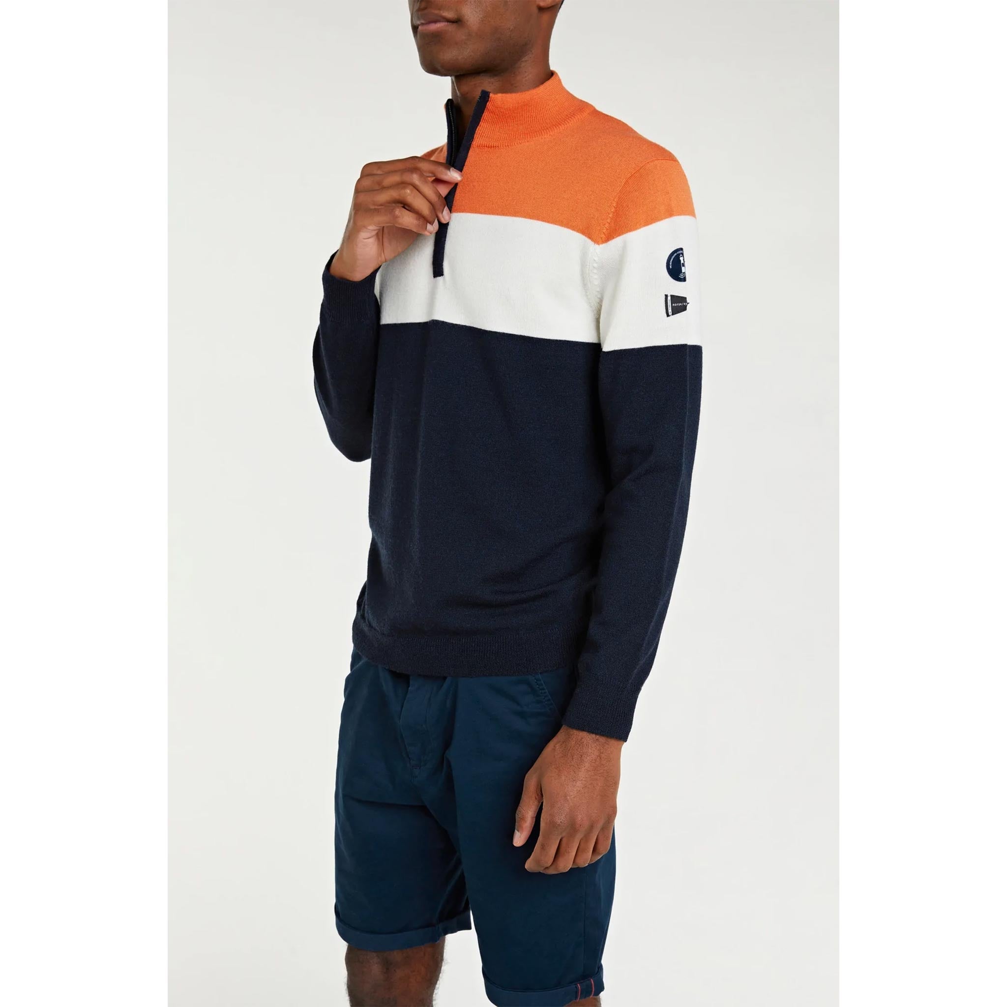 Eigeroy Zip-Up Sweater in Navy/Orange/White
