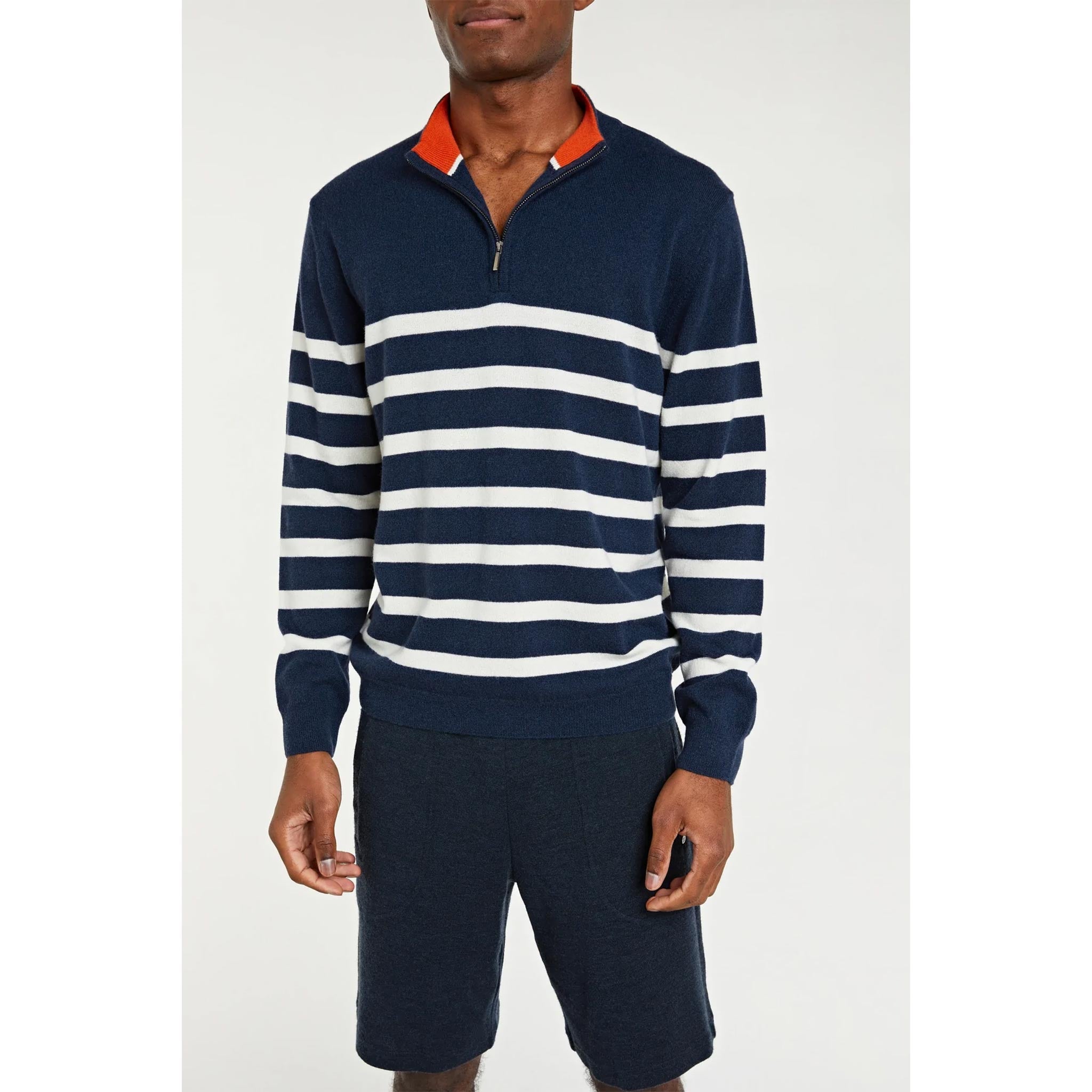 Gullholmen Zip-Up Sweater in Navy/ White Stripes