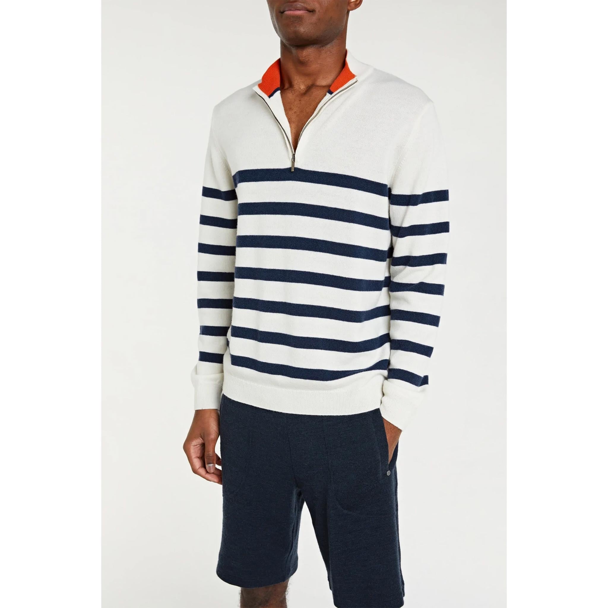 Gullholmen Zip-Up Sweater in White/Navy Stripes