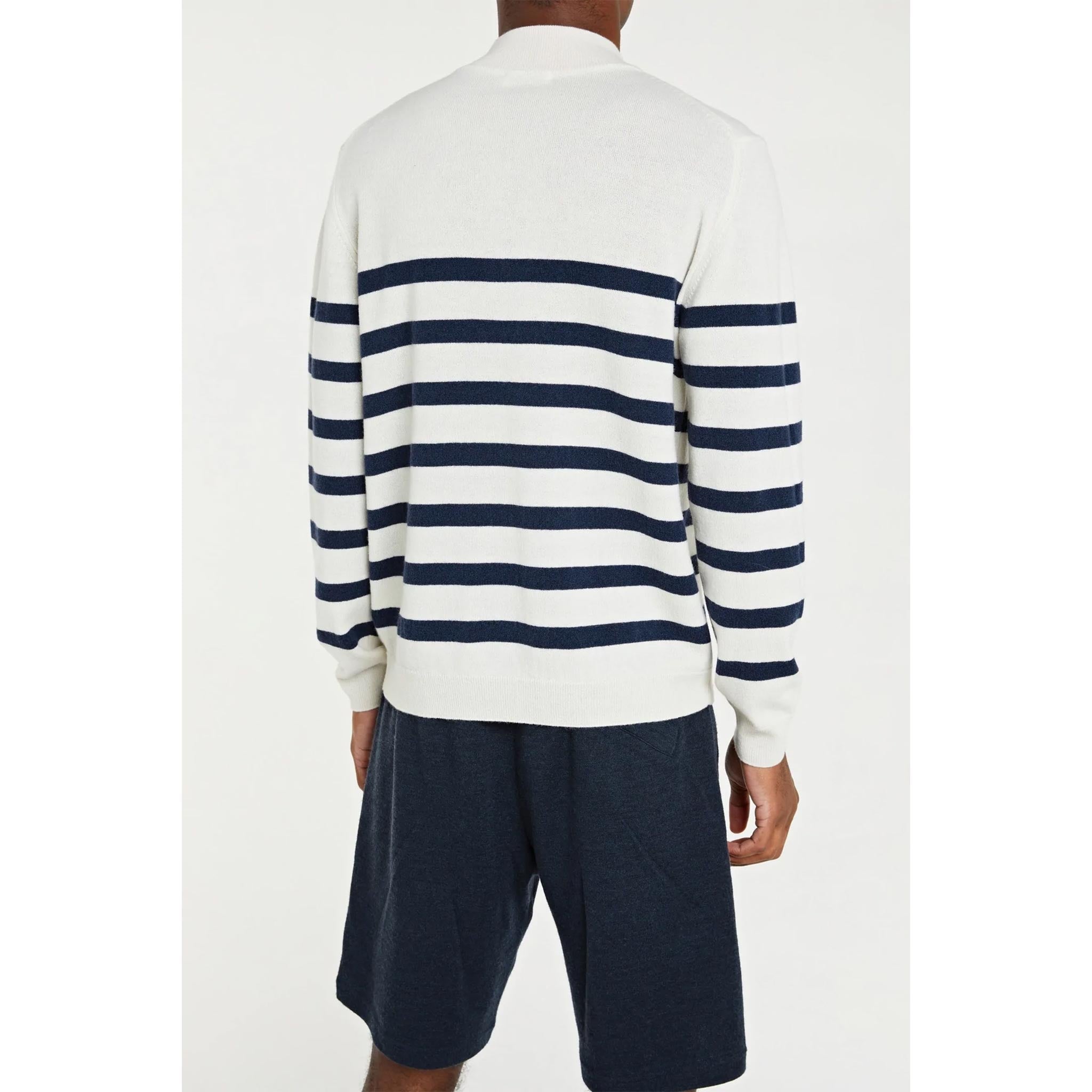 Gullholmen Zip-Up Sweater in White/Navy Stripes