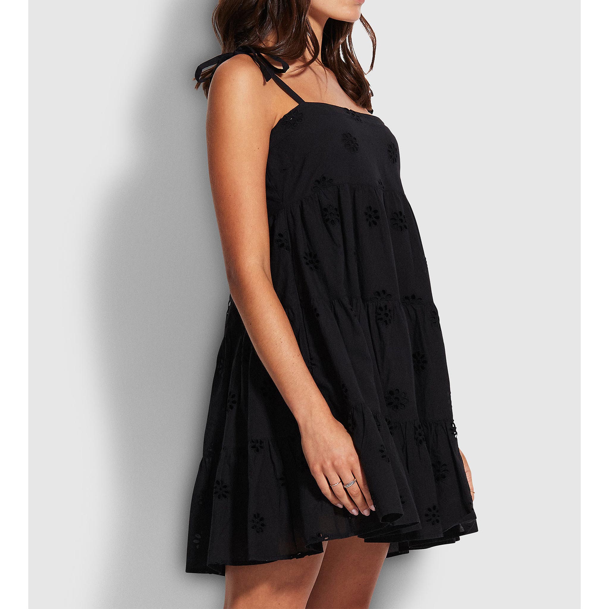 Embroidery Tiered Dress in Black